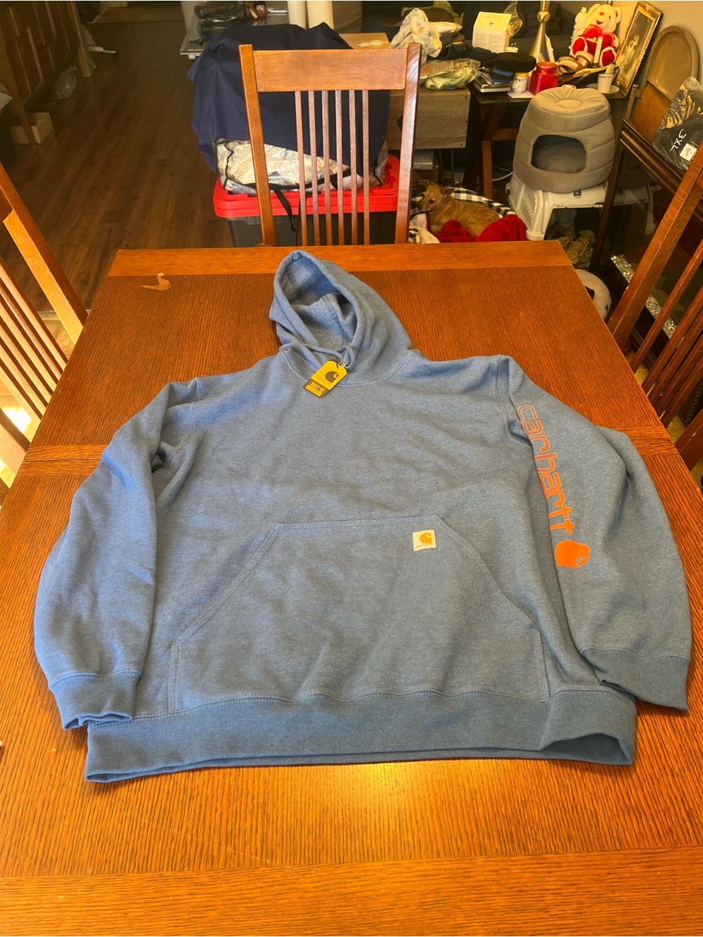 Carhartt Men’s Blue Hoodie with Orange Logo